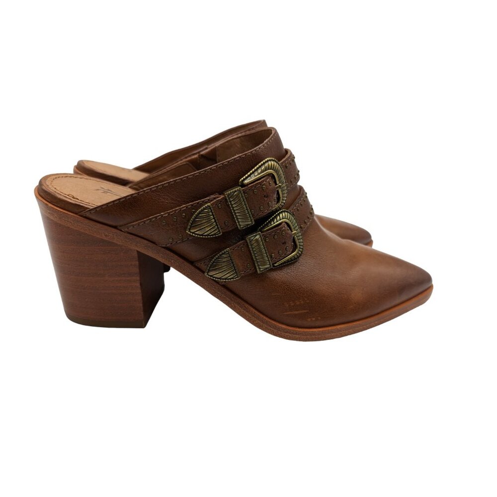 Frye Flynn Women's Belted Pointed Toe Brown Leather Mule Size 6.5M - Picture 2 of 12